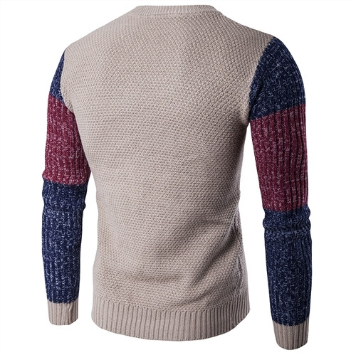 Мъжки пуловер с цветни ръкави в бежов и тъмносин цвят