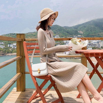 Дълга дамска рокля с колан в три цвята