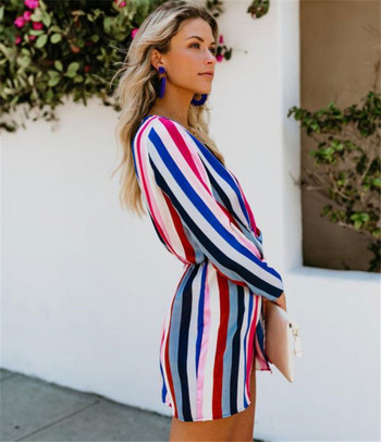 NOU Rochie elegantă de damă în dungi, cu mâneci lungi și decolteu în V