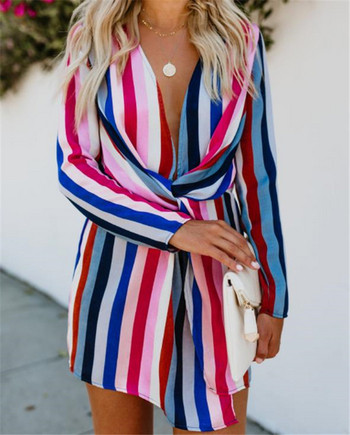 NOU Rochie elegantă de damă în dungi, cu mâneci lungi și decolteu în V