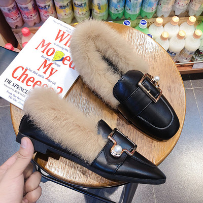 Нов модел дамски мокасини с метална катарама и пух в два цвята