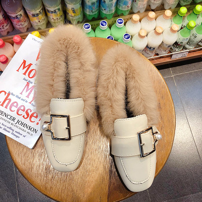 Нов модел дамски мокасини с метална катарама и пух в два цвята