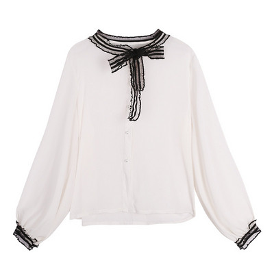 Cămașă modernă de damă cu panglică în alb și negru