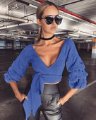 NOU Pulover elegant de damă, model scurt, cu decolteu în V și mânecă lotus în mai multe culori