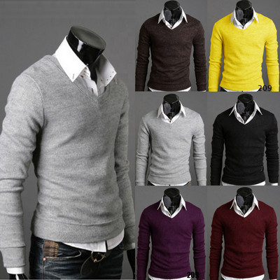 Тънък мъжки пуловер с V-образно деколте в шест цвята