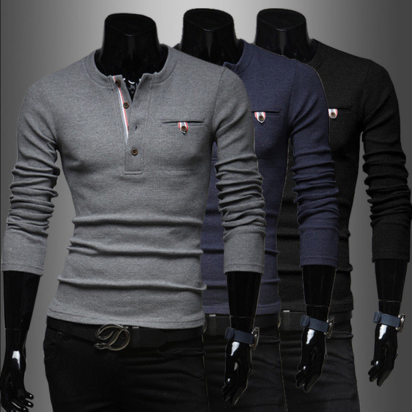 Тънък мъжки пуловер с копчета и джоб в три цвята