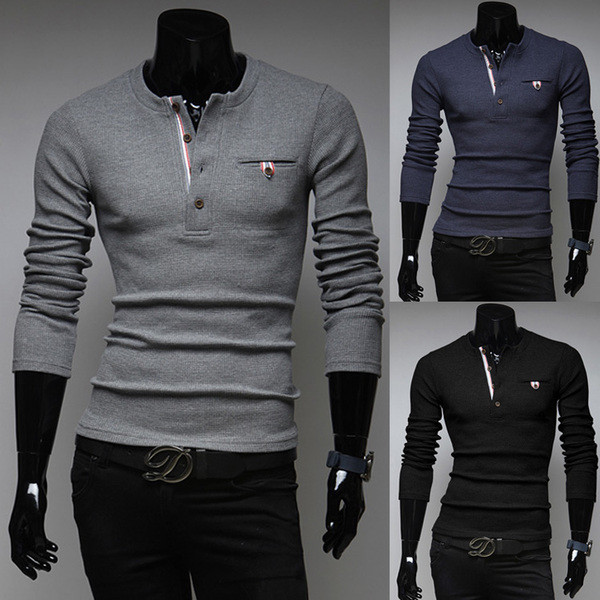 Тънък мъжки пуловер с копчета и джоб в три цвята