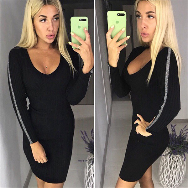 Есенно-зимна дамска рокля с V-образно деколте в три цвята 