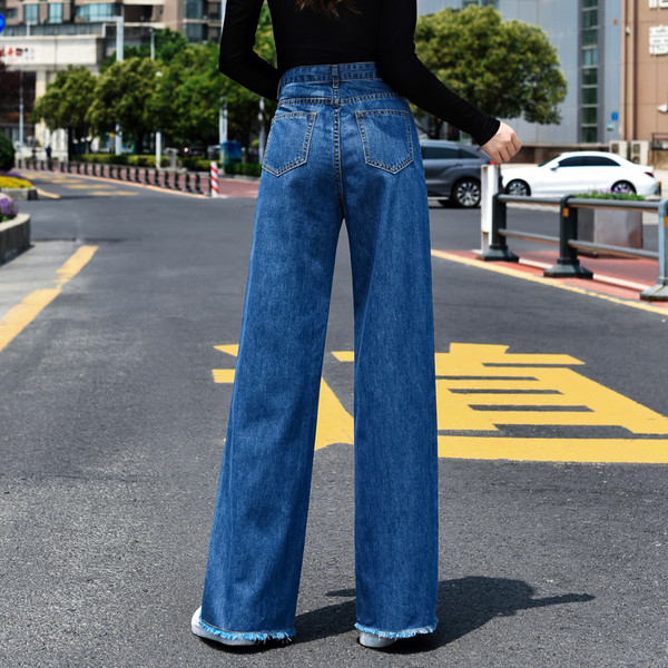 Blugi dama - model lat in culoare albastru inchis cu talie inalta