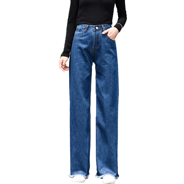 Blugi dama - model lat in culoare albastru inchis cu talie inalta