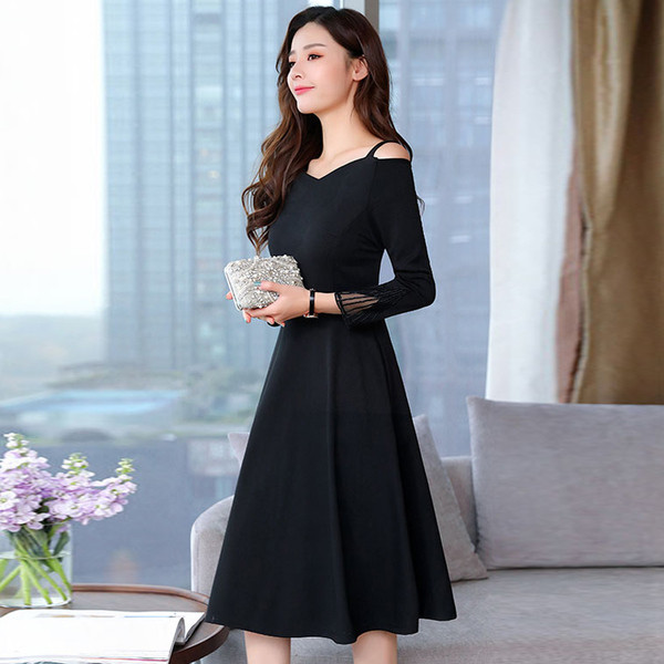 Rochie elegantă de damă, cu mâneci lungi, de culoare neagră