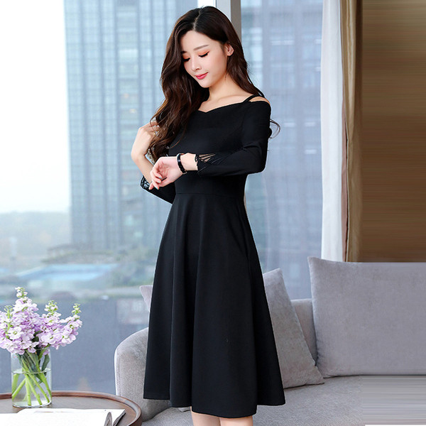 Rochie elegantă de damă, cu mâneci lungi, de culoare neagră