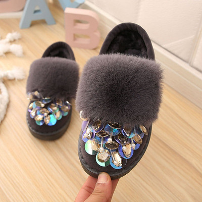 Children`s slippers with sequins and down in three colors