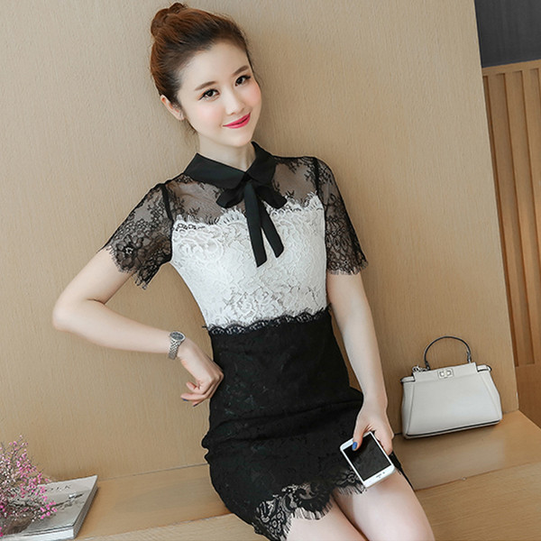 Дамска дантелена рокля в черно-бял цвят