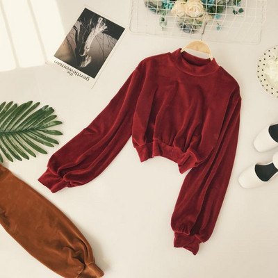 Σύντομη γυναικέια μπλούζα βελούδουμε φαρδιά μανίκια σε τρία χρώματα