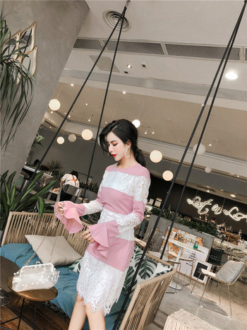 Rochie lunga de dama de culoare alb-roz