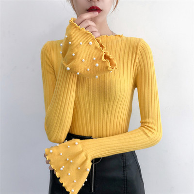 Стилен дамски пуловер с лотос ръкави и перли в няколко цвята