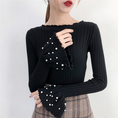 Стилен дамски пуловер с лотос ръкави и перли в няколко цвята