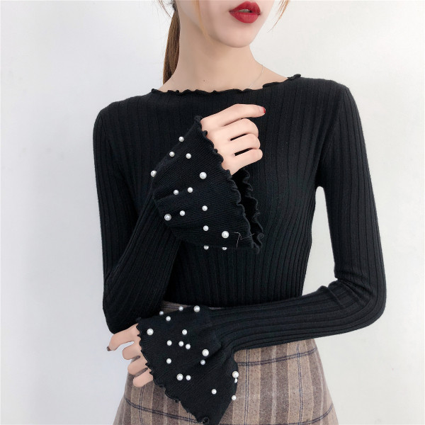 Стилен дамски пуловер с лотос ръкави и перли в няколко цвята