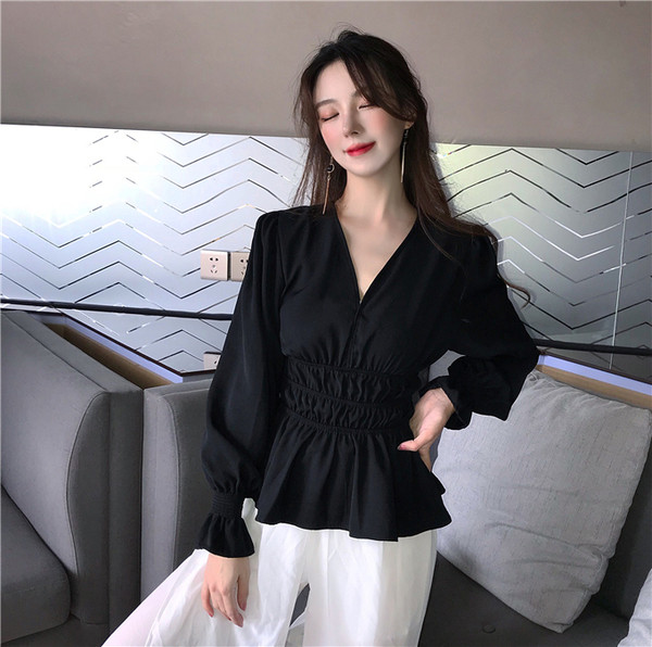 Bluza de dama eleganta cu talie elastica si decolteu in V in doua culori