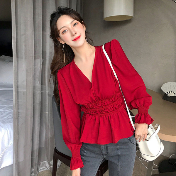 Bluza de dama eleganta cu talie elastica si decolteu in V in doua culori