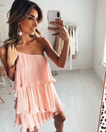 Актуална дамска рокля с една презрамка в розов и жълт цвят 