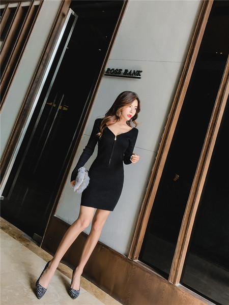 Rochie elegantă de damă, cu fermoar, de culoare neagră