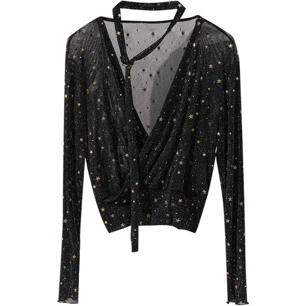 Γυαλιστερή γυναικεία μπλούζα με ντεκολτέ σε σχήμα V σε δύο χρώματα