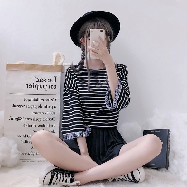 Bluza dama in dungi cu franjuri in doua culori - model lat