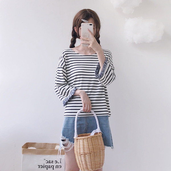 Bluza dama in dungi cu franjuri in doua culori - model lat