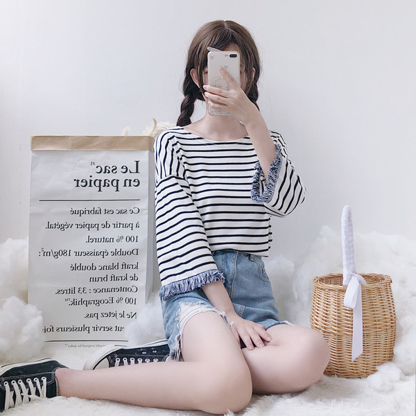 Bluza dama in dungi cu franjuri in doua culori - model lat