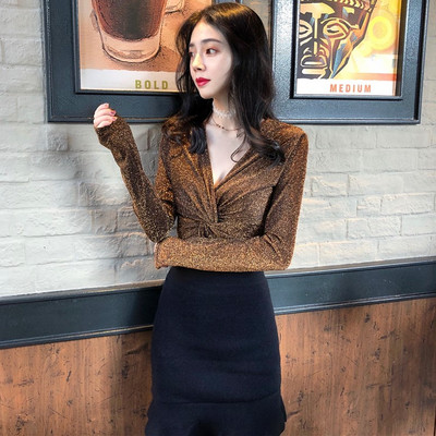 Bluză de damă modernă cu decolteu în V, auriu și argintiu