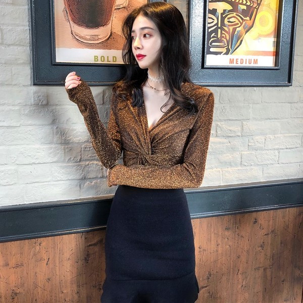 Bluză de damă modernă cu decolteu în V, auriu și argintiu