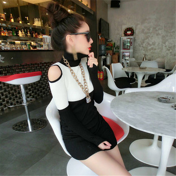 Дамска рокля с голо рамо в черни бял цвят