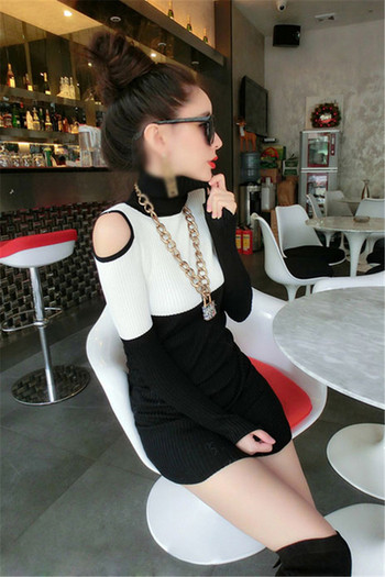 Дамска рокля с голо рамо в черни бял цвят