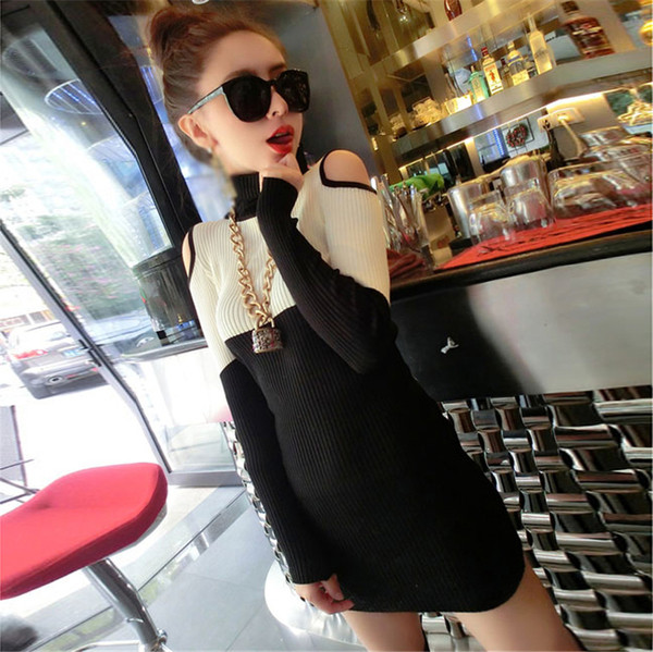 Дамска рокля с голо рамо в черни бял цвят