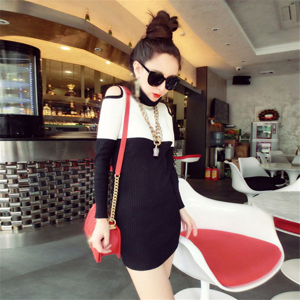 Дамска рокля с голо рамо в черни бял цвят