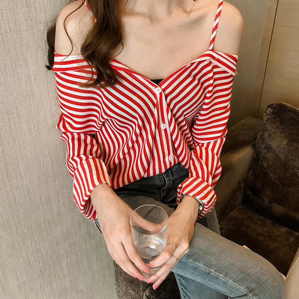 Дамска раирана риза с копчета в два цвята