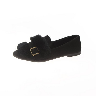 Актуален модел дамски мокасини с пух и метална катарама в три цвята