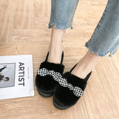 Ежедневни дамски мокасини с пух и панделка от еко велур в три цвята