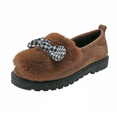 Ежедневни дамски мокасини с пух и панделка от еко велур в три цвята