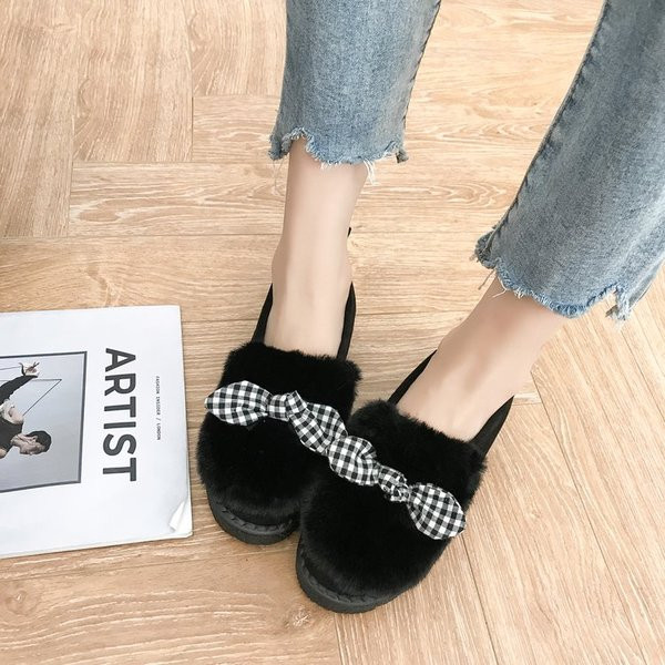 Ежедневни дамски мокасини с пух и панделка от еко велур в три цвята