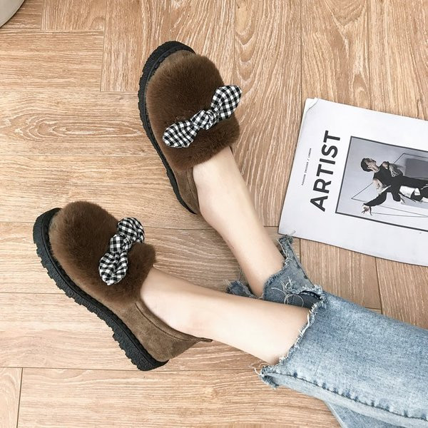 Ежедневни дамски мокасини с пух и панделка от еко велур в три цвята