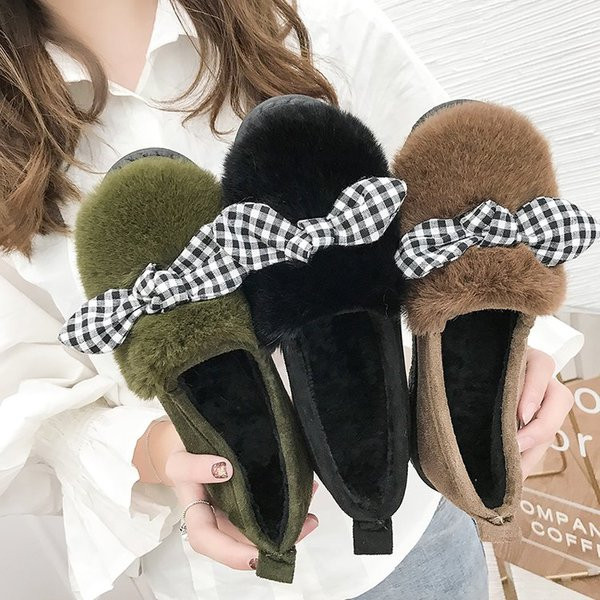 Ежедневни дамски мокасини с пух и панделка от еко велур в три цвята