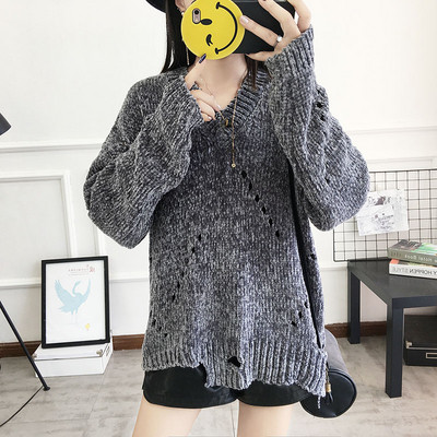 Pulover gros de dama modern cu decolteu in V in mai multe culori