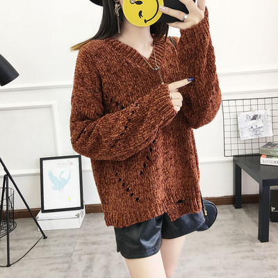 Pulover gros de dama modern cu decolteu in V in mai multe culori