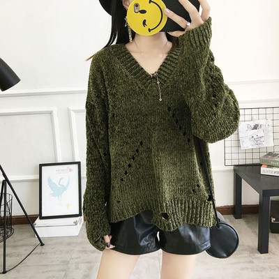 Pulover gros de dama modern cu decolteu in V in mai multe culori