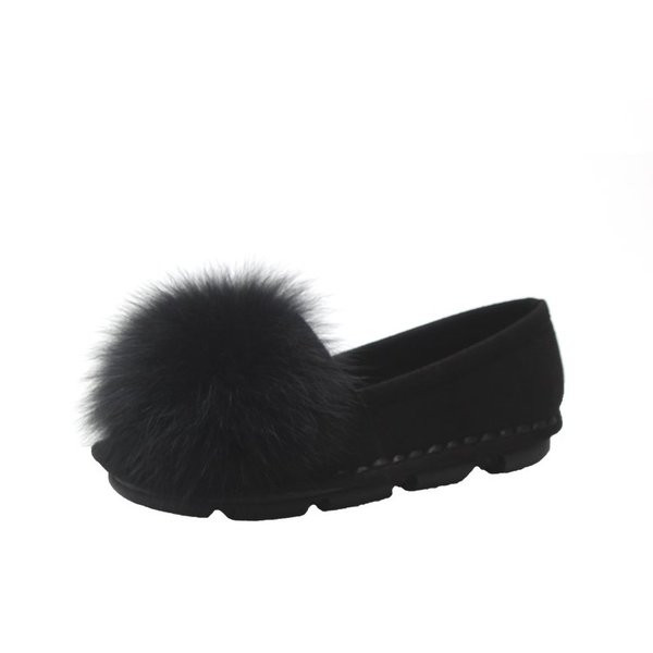 Mocasini moderni de dama de culoare neagra din piele intoarsa ecologica cu puf colorat