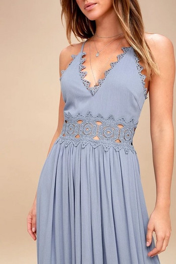 Модерна дамска дълга рокля в син цвят