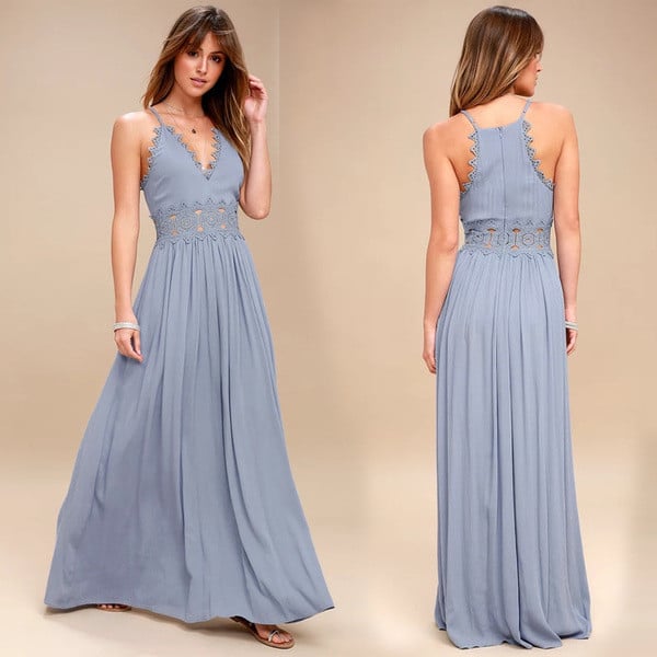 Модерна дамска дълга рокля в син цвят